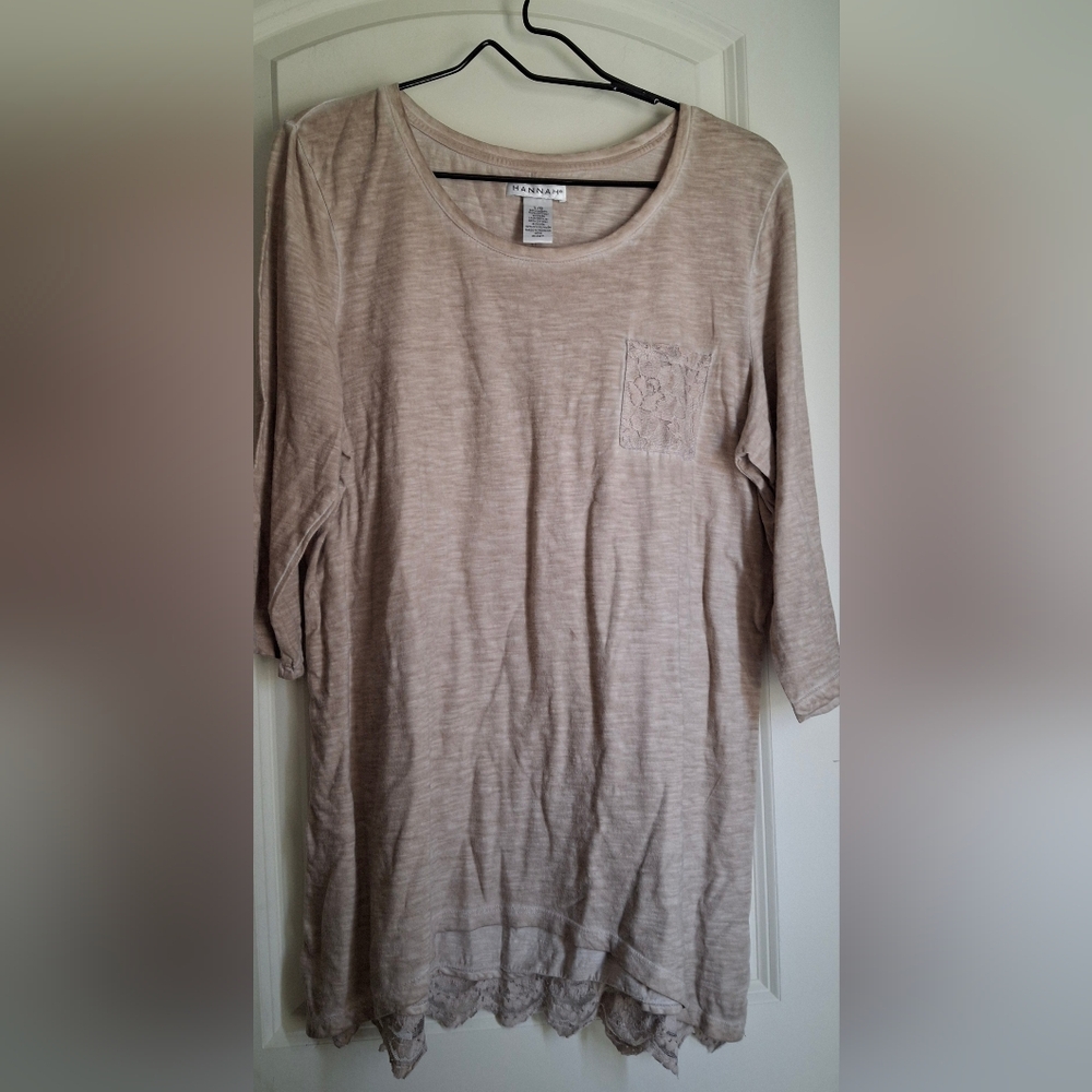 Hannah Beige 3/4 Sleeve Top L with Lace Hem COTTON Boho Neutral Wedteen Casual